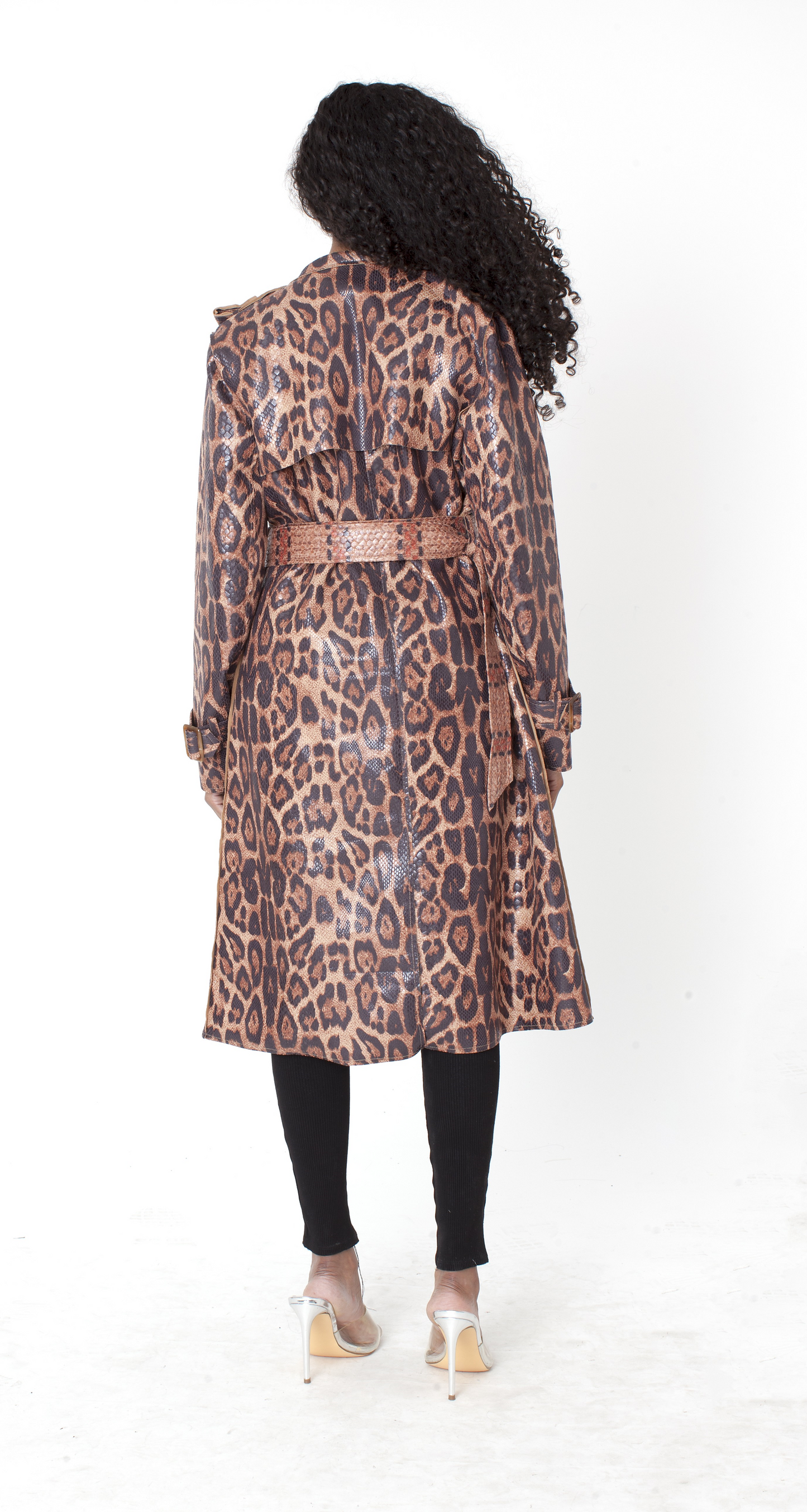 Back view of leopard print belted trench coat with structured silhouette and waist tie – For Her NYC