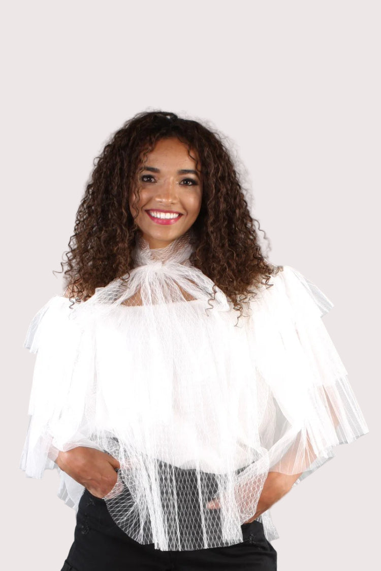Elegant white mesh blouse with ruffle layered high-neck design front view – For Her NYC
