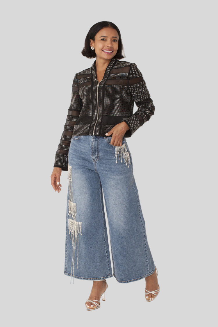 Model wearing the black and silver mesh rhinestones jacket standing front facing, showcasing sheer mesh texture and allover rhinestone embellishment by For Her NYC