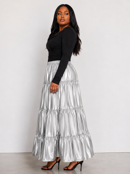 Silver Metallic Tiered Maxi Skirt -82477