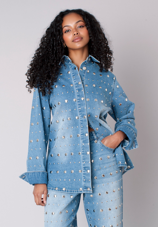 Denim mirror stud jacket with allover embellishments and relaxed fit front view – For Her NYC