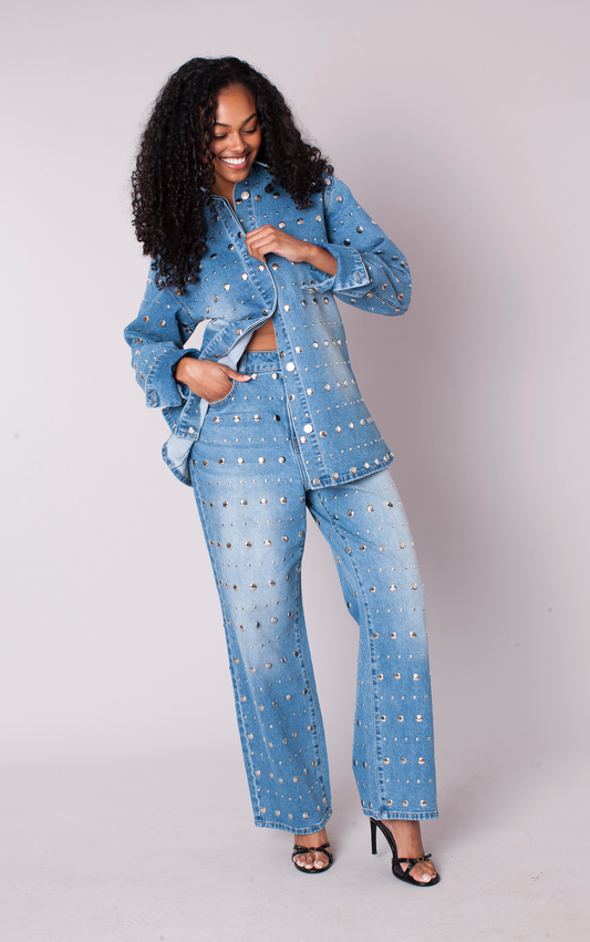 Denim mirror stud wide leg jeans with allover embellishments and relaxed fit front view – For Her NYC
