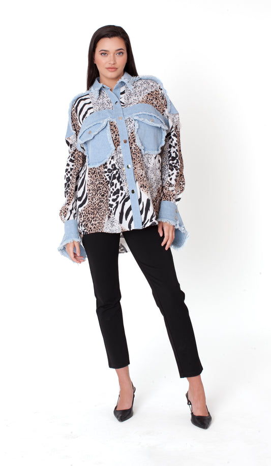Leopard denim mixed animal print shirt with patchwork design and denim trim front view – For Her NYC