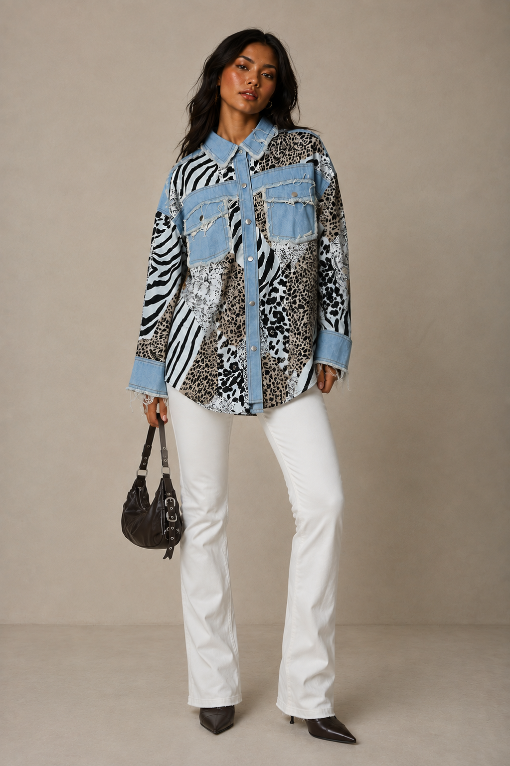 Leopard denim mixed animal print shirt with patchwork design and denim trim front view – For Her NYC