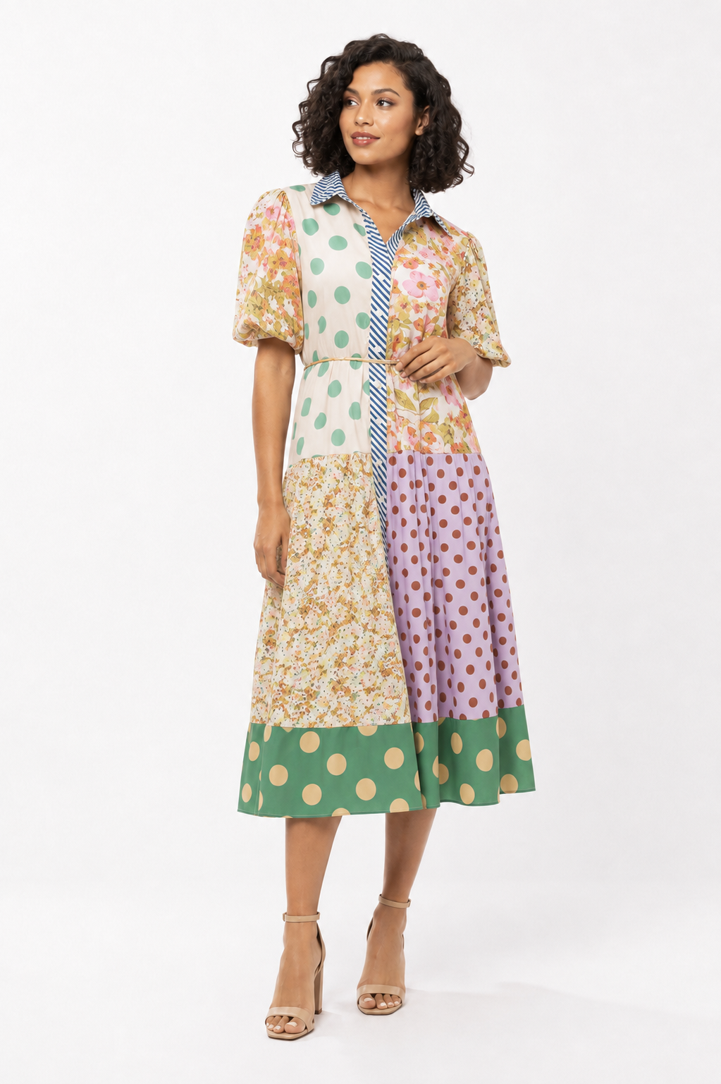 Women’s multi-print midi dress with puff sleeves and collared neckline, style 82472 by For Her NYC.