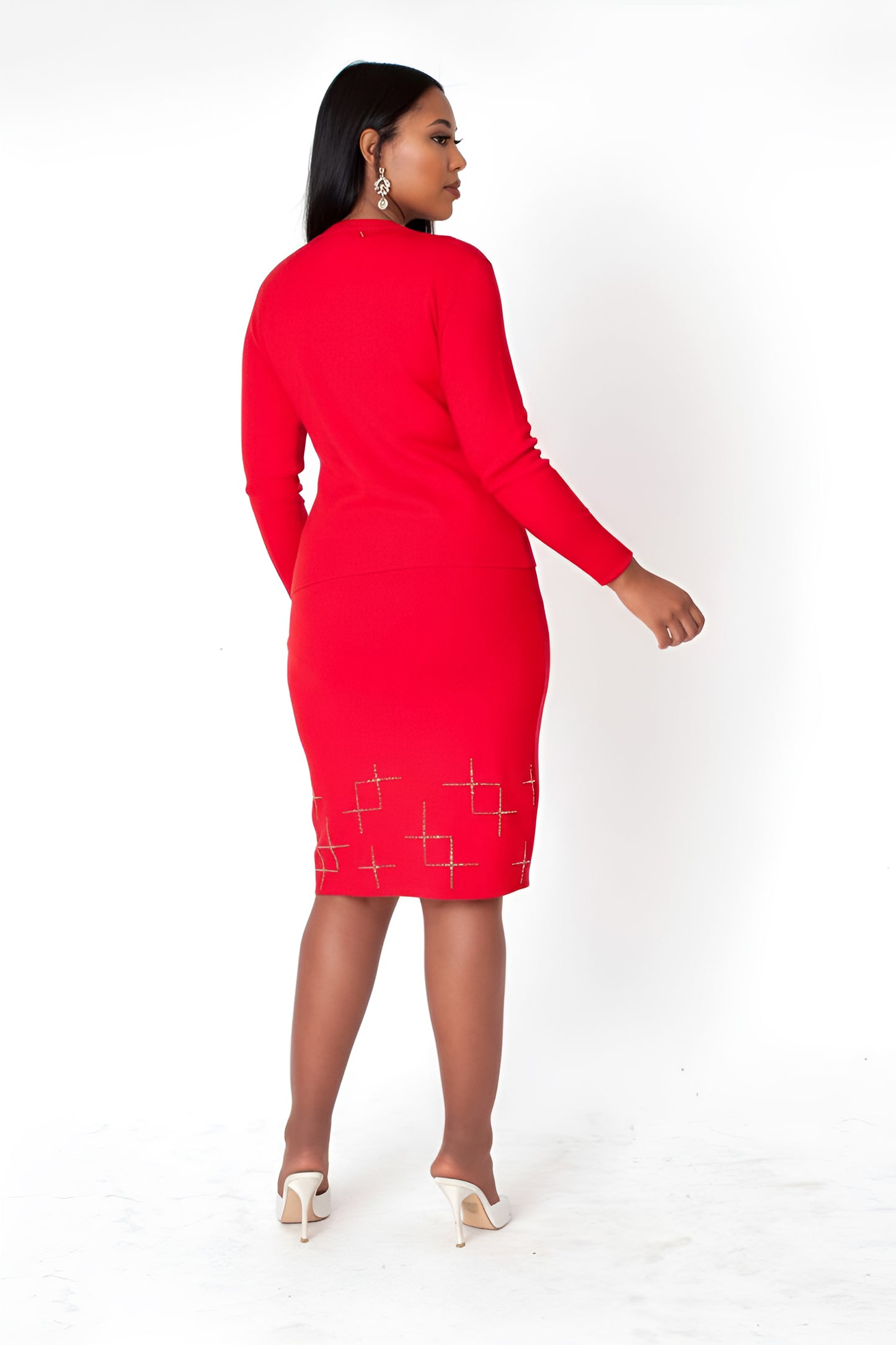 Back view of red 3-piece knit pant set with skirt, chic and modern, For Her NYC