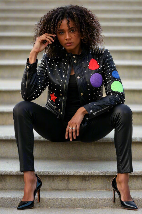 Multi Colored Studded Leather Jacket -81752