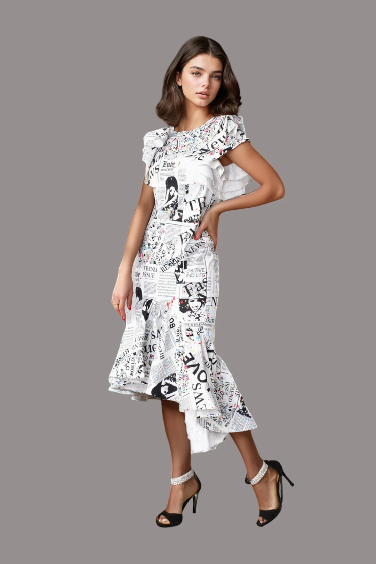White newspaper print ruffle midi dress on model facing forward
