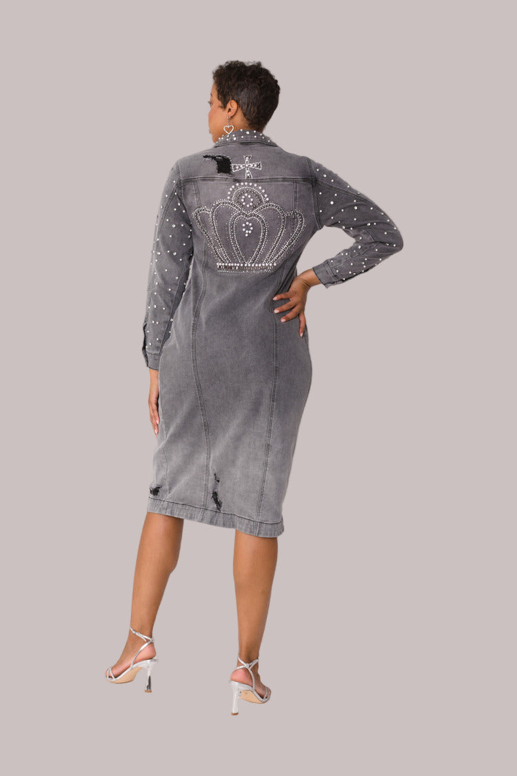 Model wearing Pearl Embellished Grey Denim Midi Dress in back view pose showing rear fit, hem length, and clean denim finish, For Her NYC