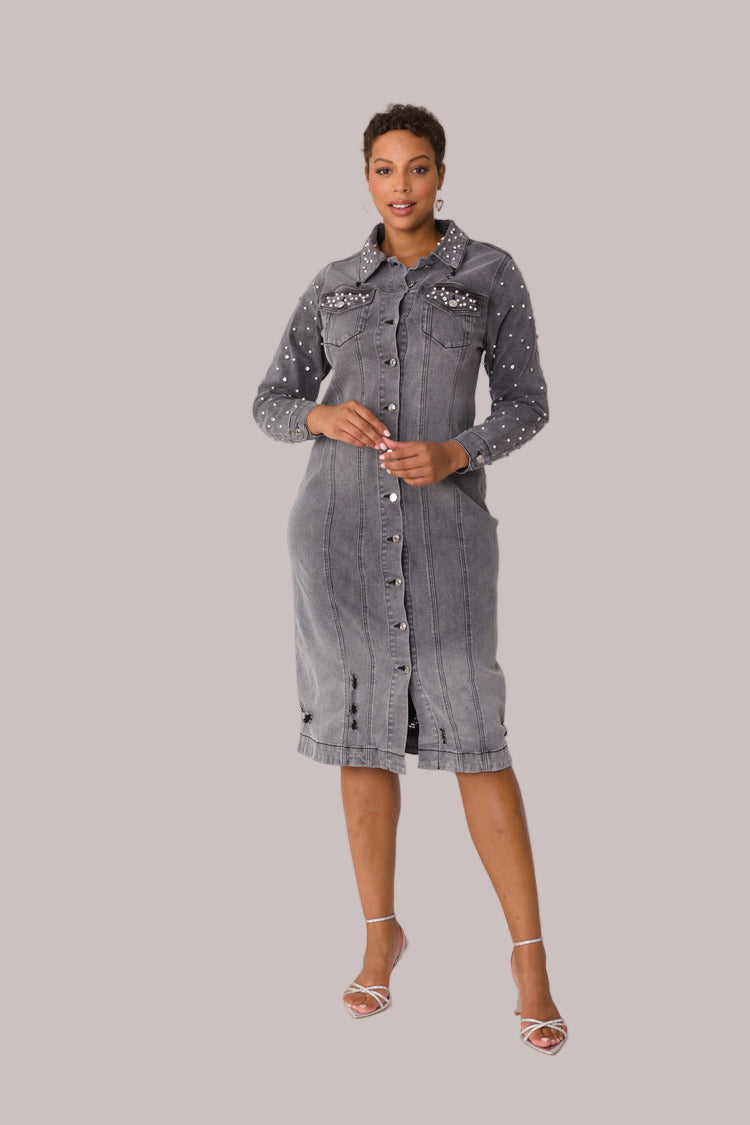 Model wearing Pearl Embellished Grey Denim Midi Dress in front standing pose showcasing button-front design, midi length, and pearl embellishments, For Her NYC