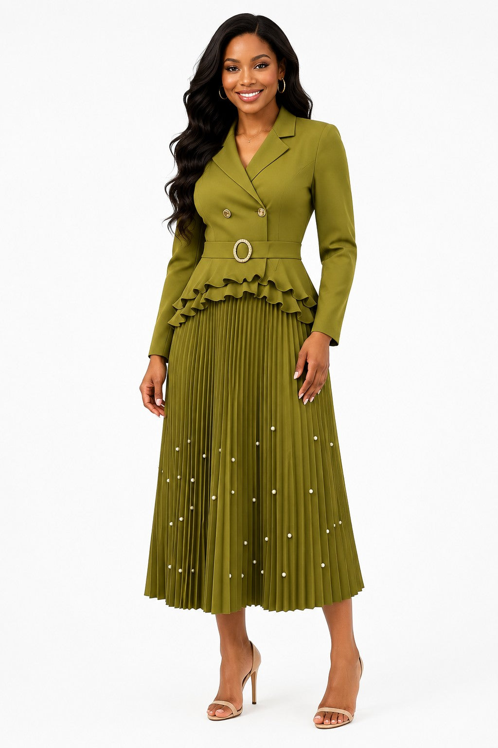 Model wearing the Lemon Pearl Trim Pleated Skirt Set featuring a structured double-breasted jacket with pearl trim, a ruffled peplum, coordinating belt, and a flowing pleated midi skirt by For Her NYC.