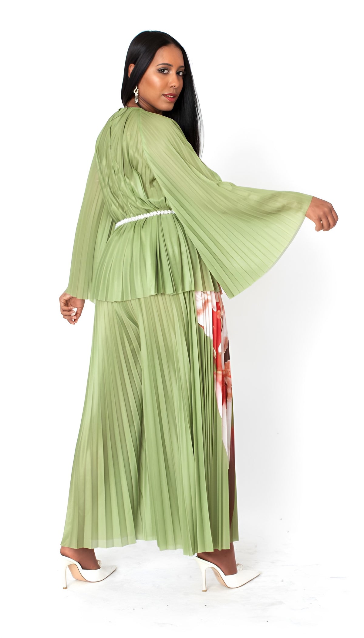 Back view of olive petal pleated wide-leg pantset, elegant two-piece set, For Her NYC