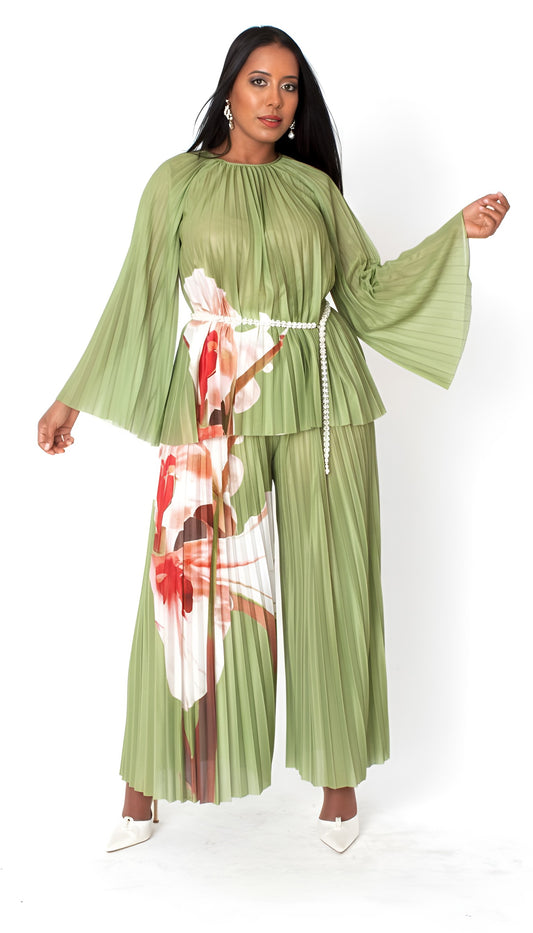 Front view of olive petal pleated wide-leg pantset with floral print, flowing silhouette, For Her NYC