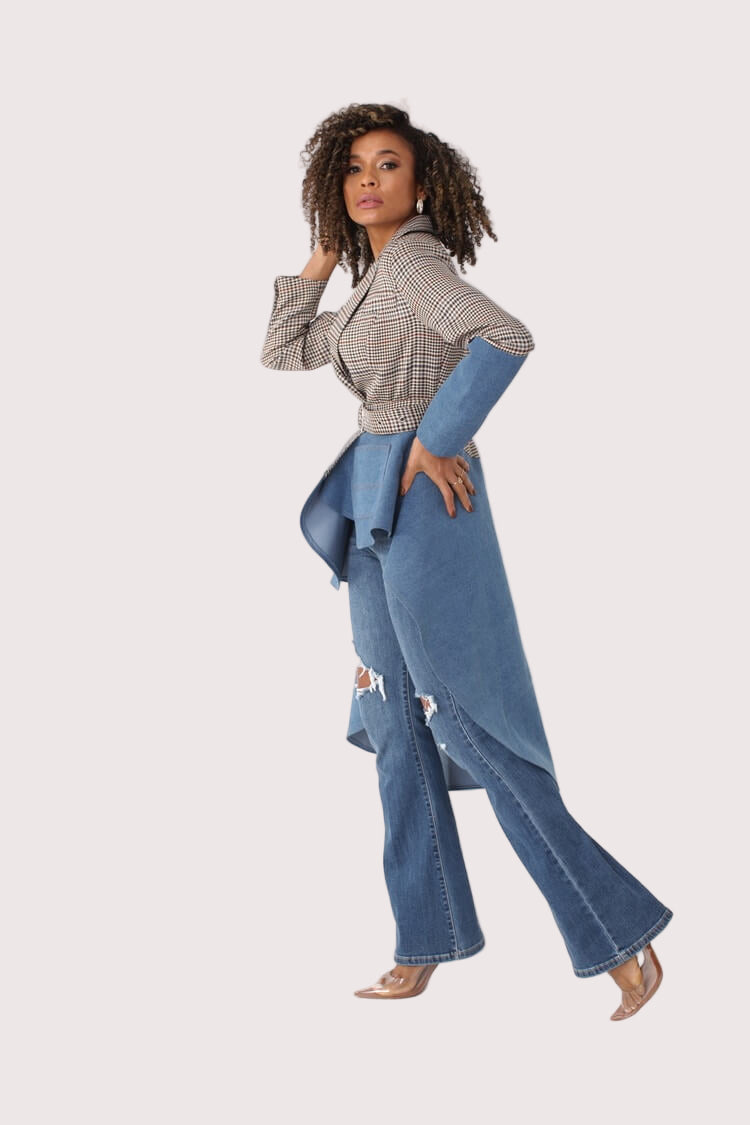 Side view of plaid and denim high-low blazer with hand on hip, paired with distressed flare jeans – For Her NYC