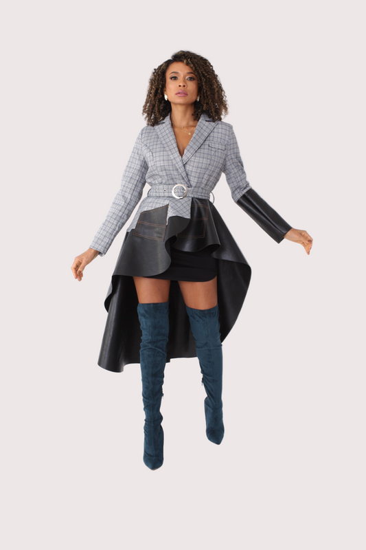 Front full-body view of model wearing grey plaid high-low blazer — For Her NYC