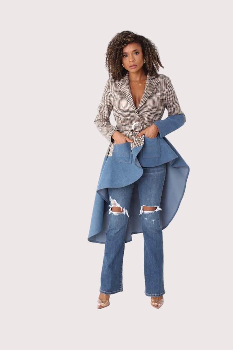 Plaid high-low blazer with denim high-low hem, belted waist and long panels, styled with jeans – For Her NYC