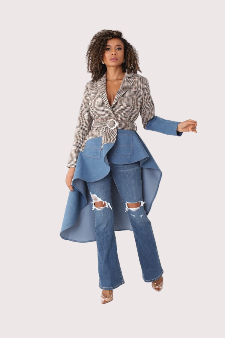 Front view of plaid high-low blazer with denim cascading panels, styled with jeans – For Her NYC