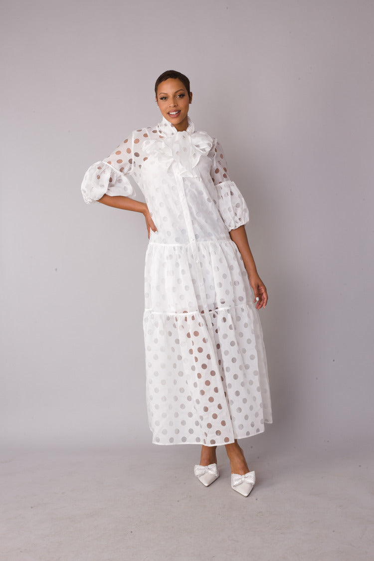 White polka dot tiered maxi dress shown front standing view with sheer organza layers, For Her NYC