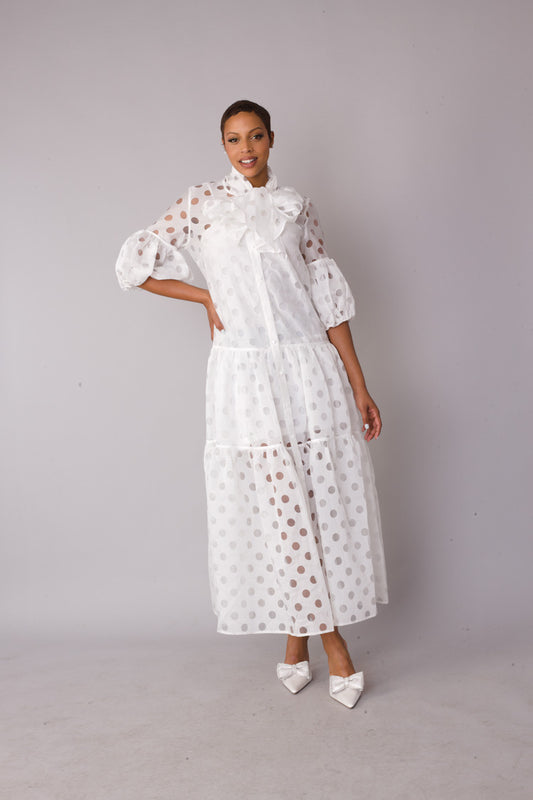 White polka dot tiered maxi dress shown front standing view with sheer organza layers, For Her NYC
