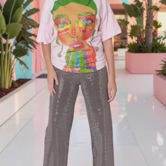83064 Pink Multi, BLUE/MULTI, Lime Multi, WHITE/MULTI Graphic tees with colorful face print on model