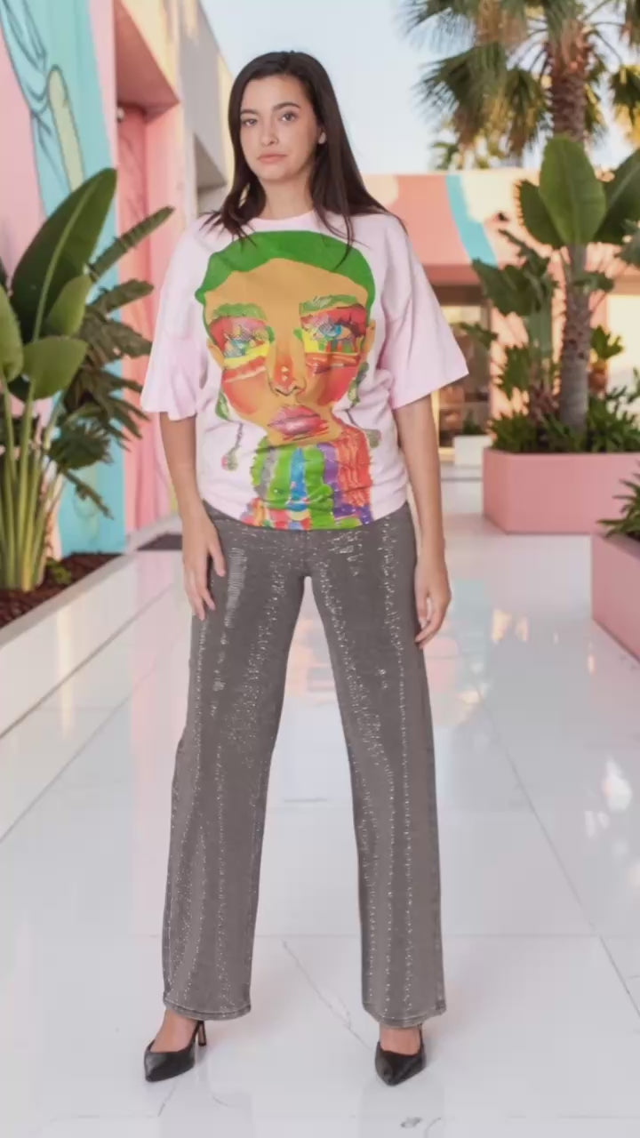 83064 Pink Multi, BLUE/MULTI, Lime Multi, WHITE/MULTI Graphic tees with colorful face print on model