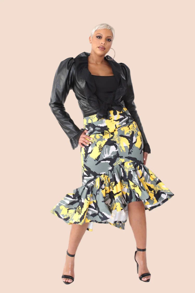 Grey yellow camo high low skirt front view with flared hem for playful standout styling.