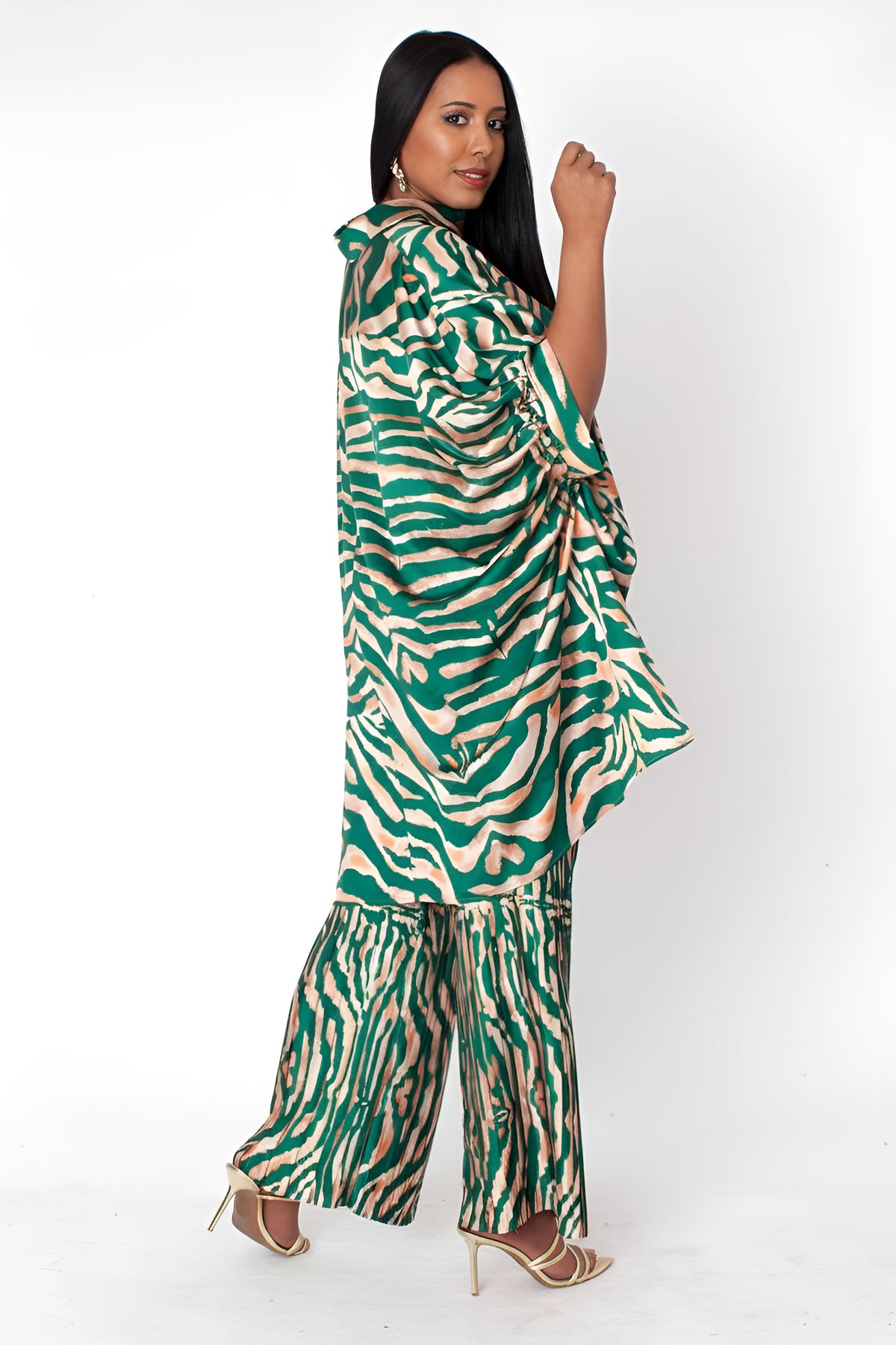 Side view of printed lounge pant set in green multi, flowy silhouette, For Her NYC
