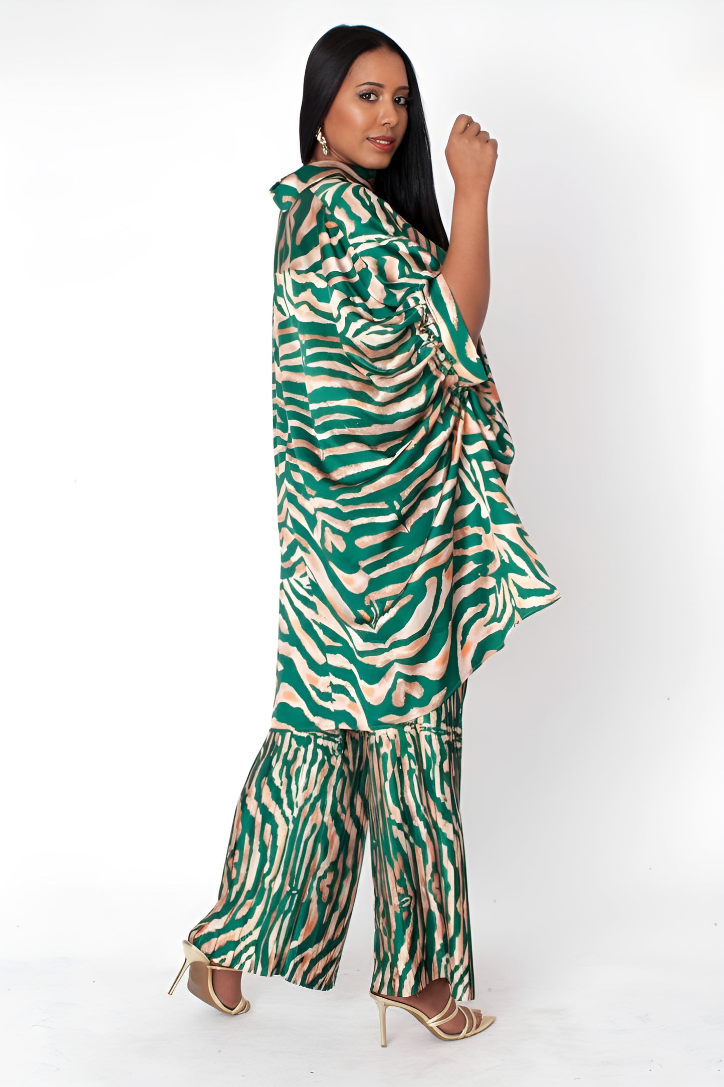 Side view of printed lounge pant set in green multi, flowy silhouette, For Her NYC