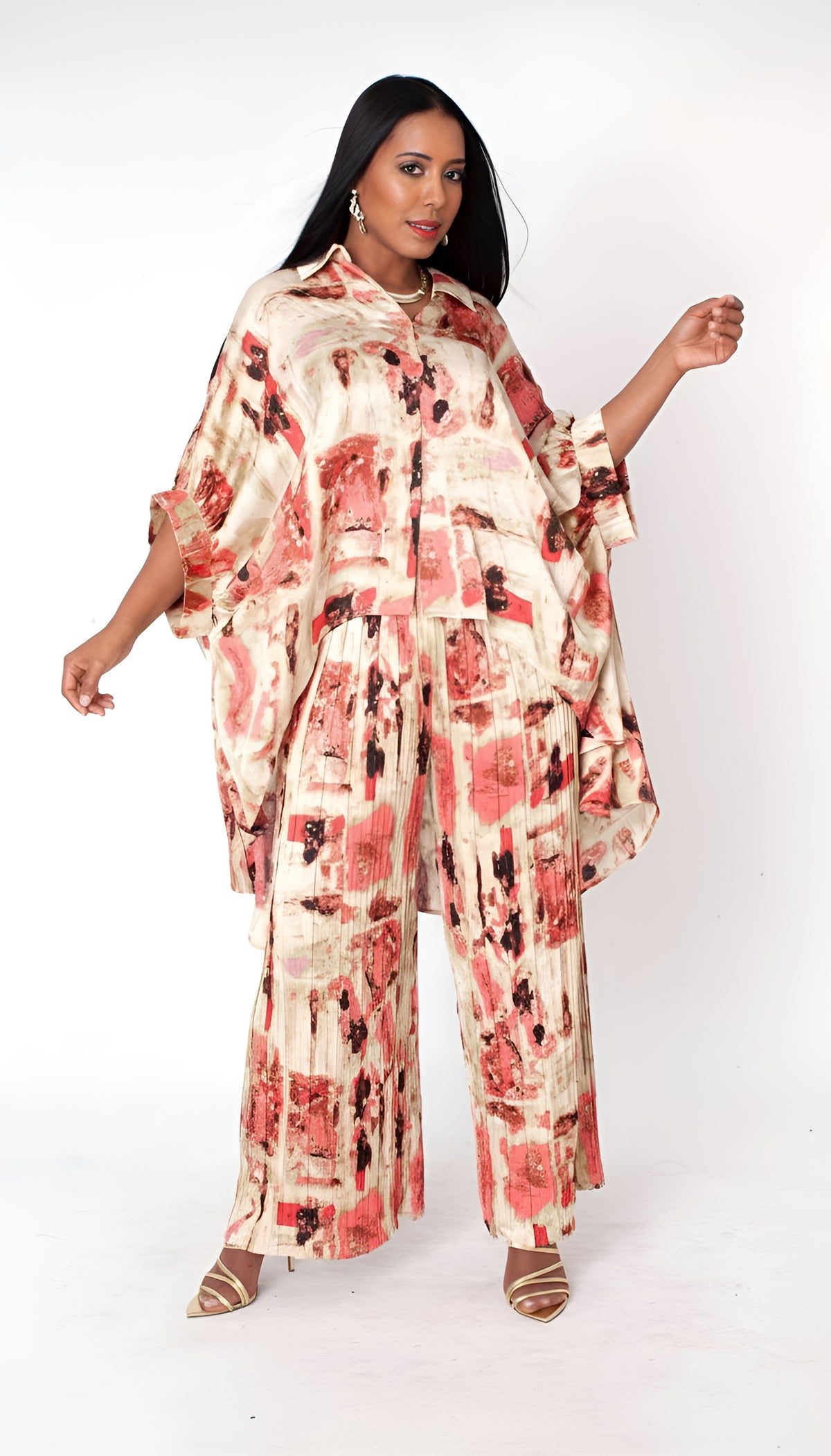 Front stepping pose of coral multi printed lounge pant set with wide-leg pants, For Her NYC