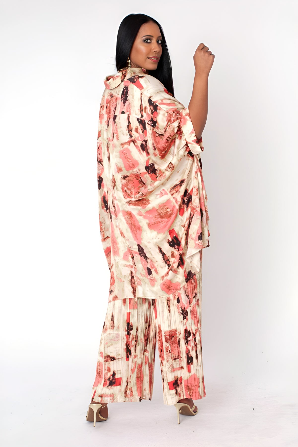 Side view of printed lounge pant set in coral multi, comfortable flowing top and pants, For Her NYC