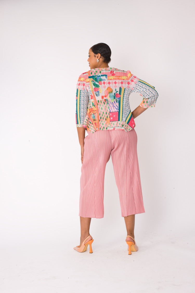 Model wearing the Printed Top and Palazzo Pants Set in pink multi, back view highlighting the abstract print top and flowing wide-leg palazzo pants, For Her NYC