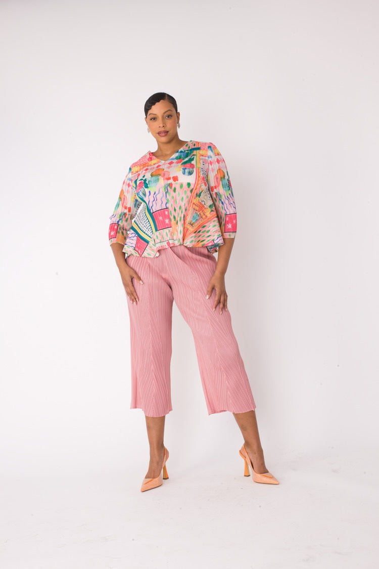 Alternate front standing view of a printed top and palazzo pants set in pink multi with an effortless relaxed fit by For Her NYC