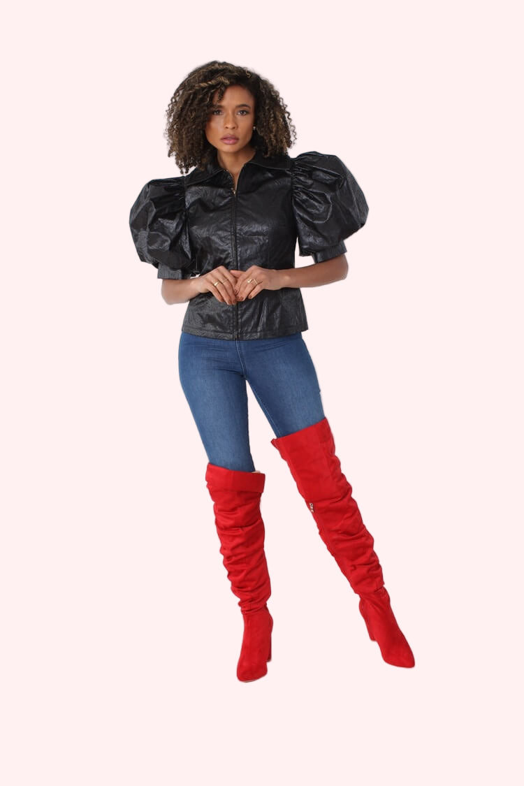 Black puff sleeve faux leather jacket front view styled with red boots and jeans by For Her NYC