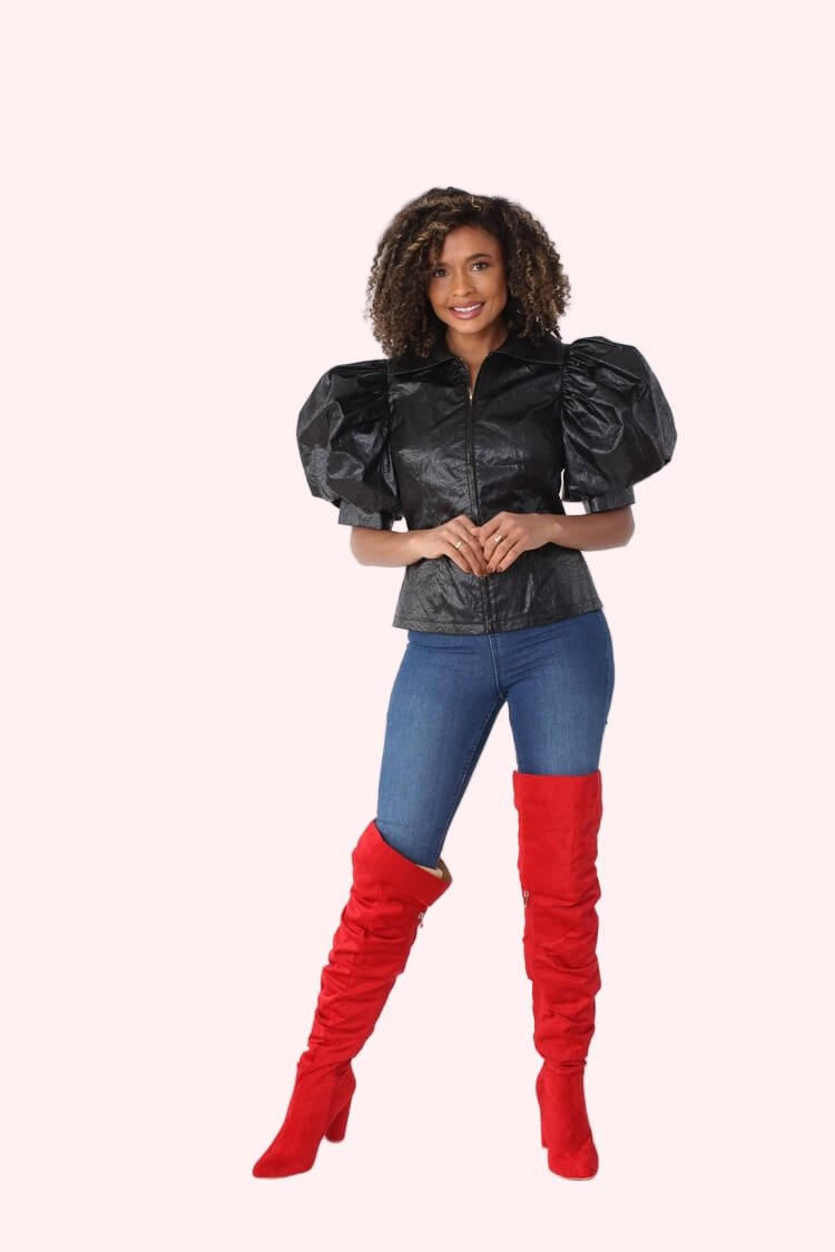 Black puff sleeve faux leather jacket shown front standing pose highlighting sleeve structure by For Her NYC
