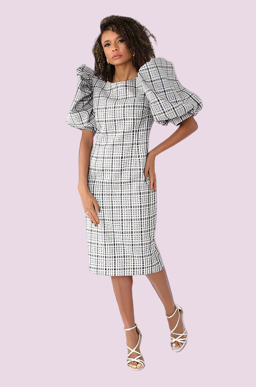 Grey puff sleeve plaid midi dress with classic plaid print, front standing pose.
