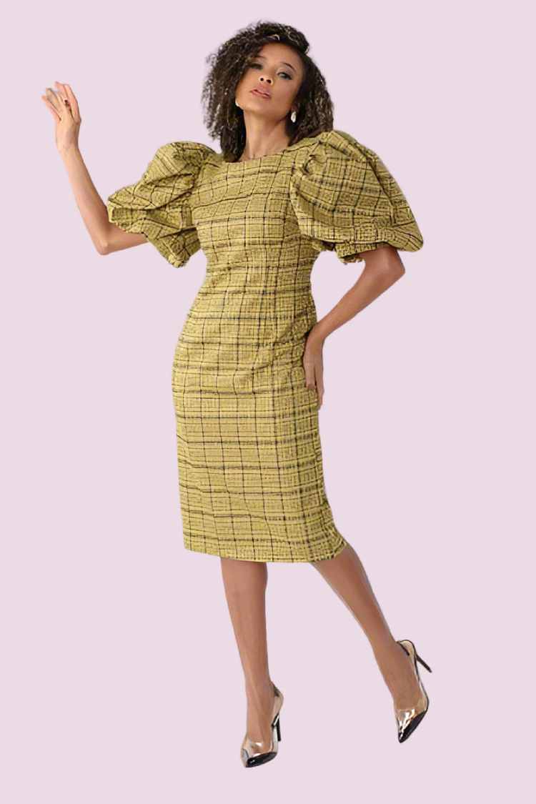 Yellow puff sleeve plaid midi dress with feminine woven detailing, front standing pose.