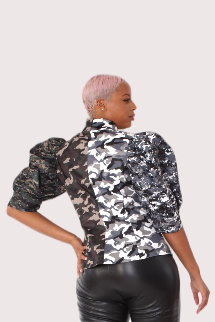 Back view of camouflage print puff sleeve tie neck blouse showing relaxed fit and statement sleeve volume, contemporary styling, For Her NYC