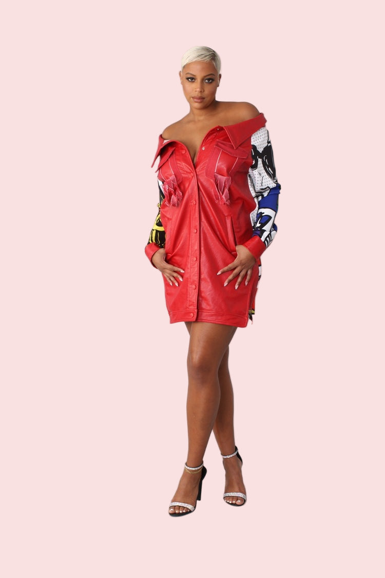 Red multi printed sleeve leather long jacket front view – For Her NYC