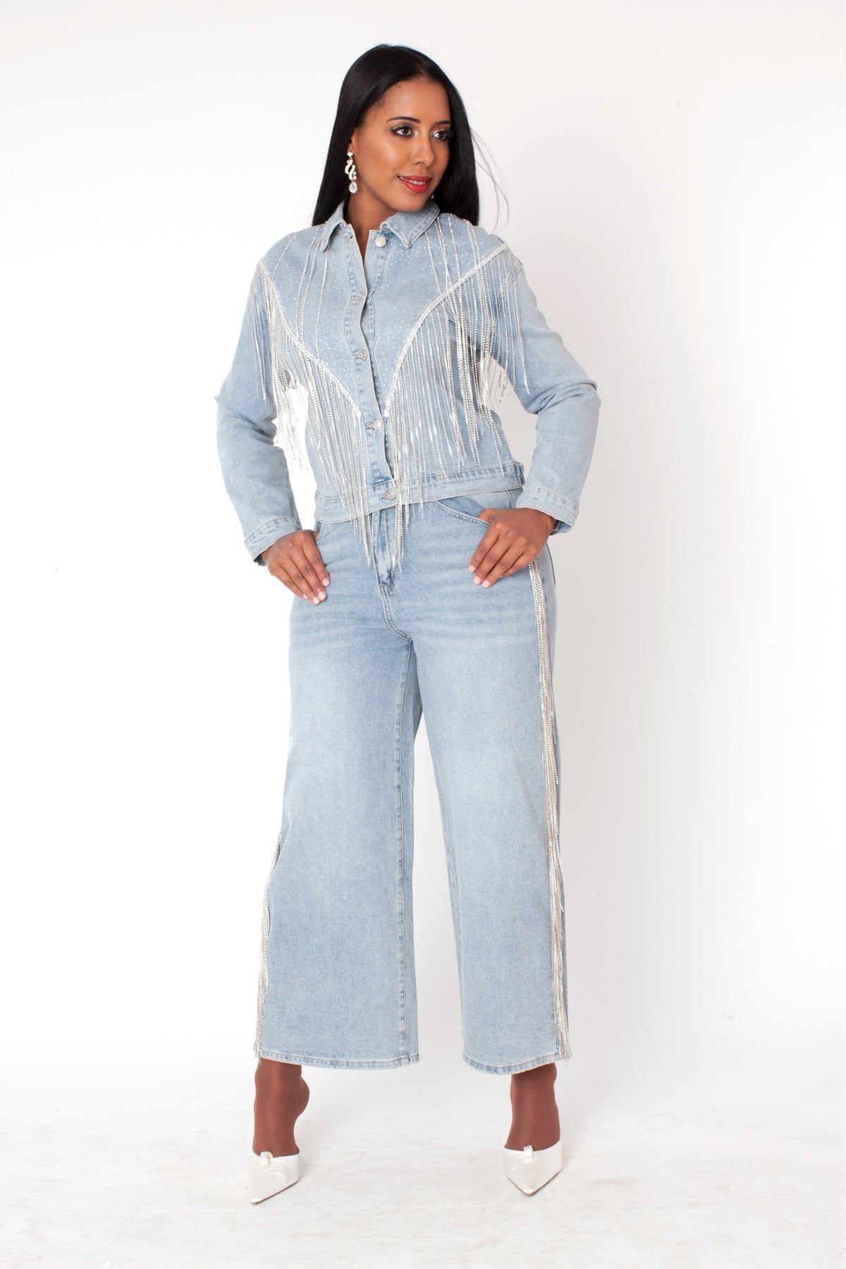 Wash blue denim rhinestone fringe jean with classic fit and full-length sparkle fringe, front view by For Her NYC
