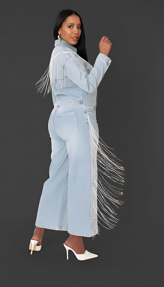 Wash blue denim rhinestone fringe jean with sparkling side fringe detail, side view highlighting movement and silhouette by For Her NYC