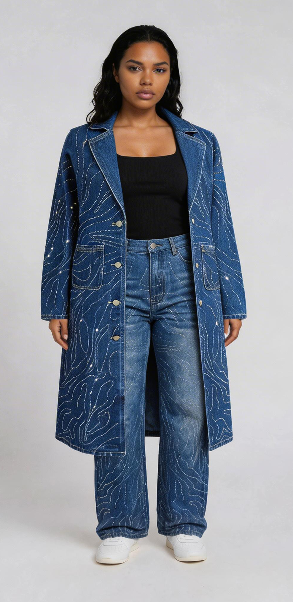 Denim rhinestone swirl long duster coat with tailored fit and back view – For Her NYC