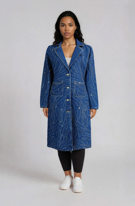 Denim rhinestone swirl long duster coat with tailored silhouette and sparkle detailing front view – For Her NYC