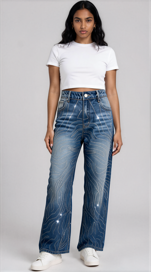 Rhinestone Swirl Wide-Leg Denim Jeans - 83071
