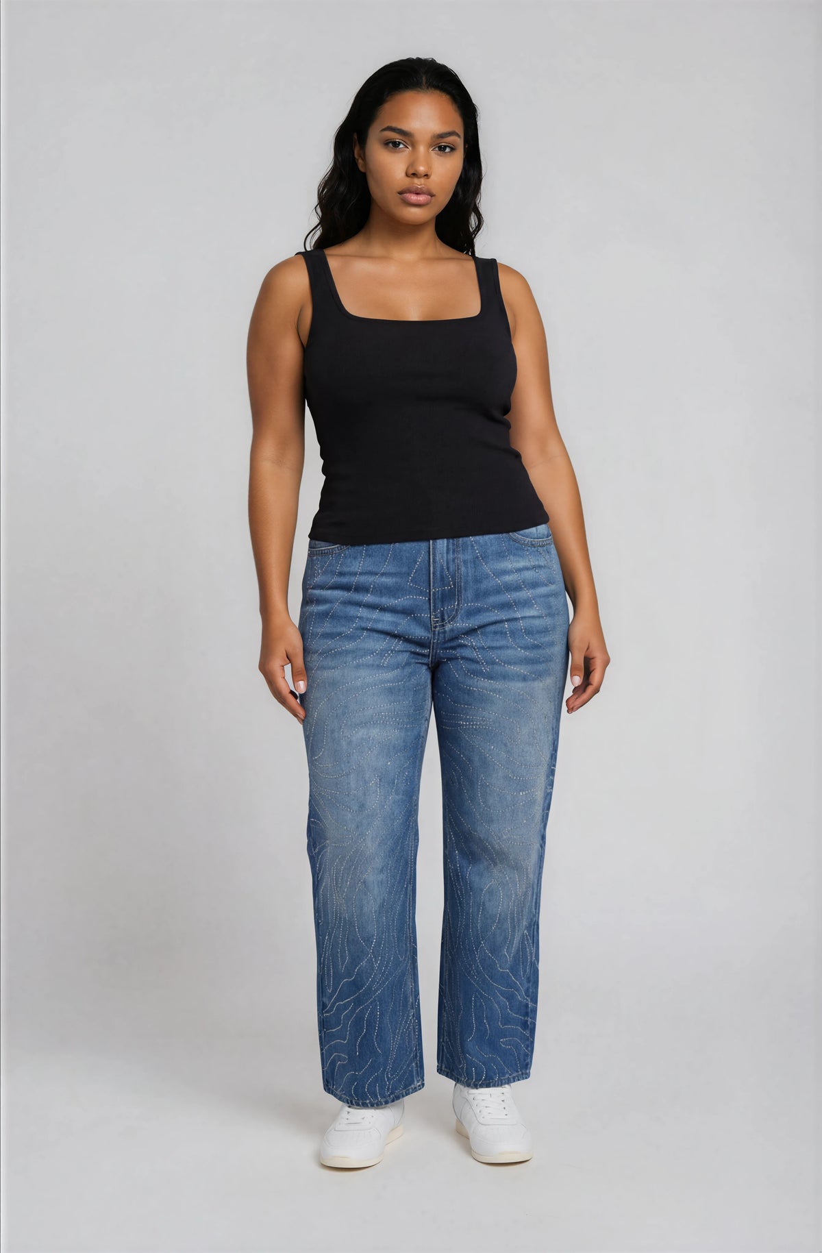 Denim rhinestone swirl wide-leg jeans with subtle sparkle detailing and relaxed fit front view – For Her NYC