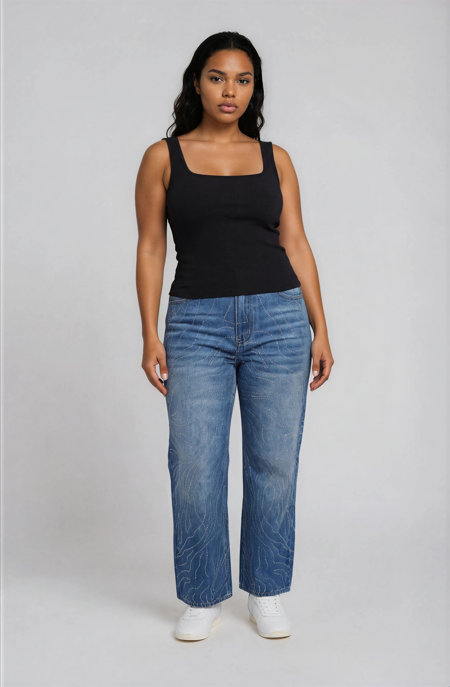 Denim rhinestone swirl wide-leg jeans with subtle sparkle detailing and relaxed fit front view – For Her NYC