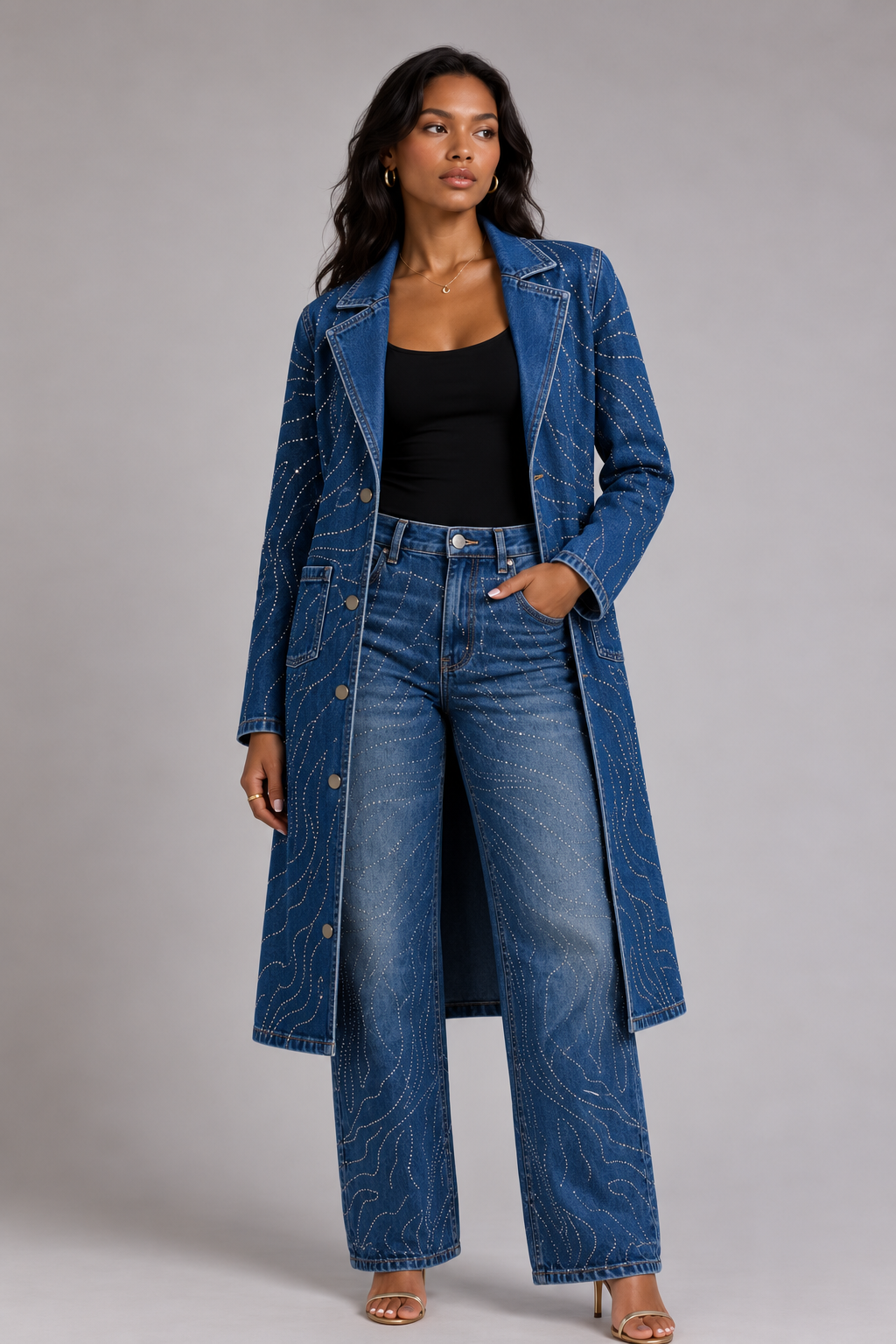 Denim rhinestone swirl long duster coat with tailored fit and back view – For Her NYC