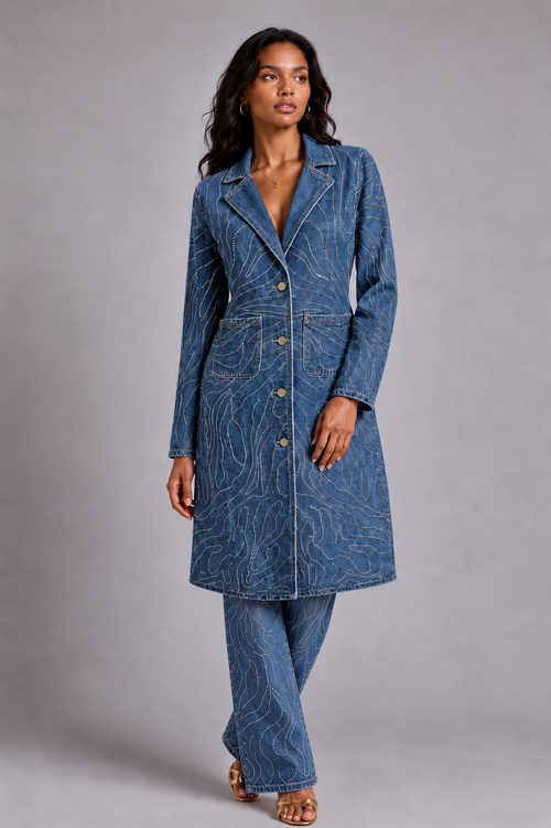 Rhinestone Swirl Denim Duster Coat - 83070