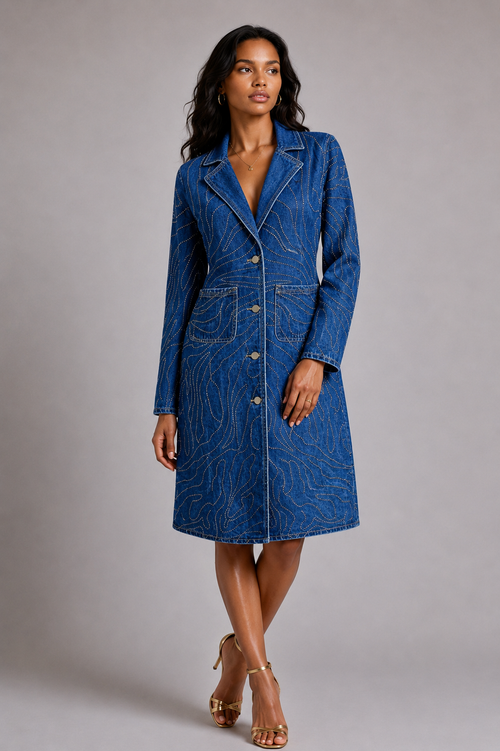 Rhinestone Swirl Denim Duster Coat - 83070