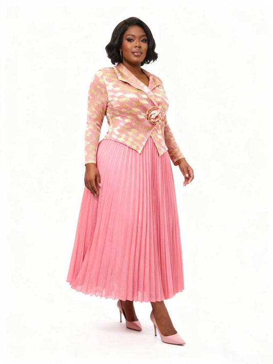 Raspberry rhombus pleated skirt suit with patterned jacket and pleated midi skirt, model standing front, For Her NYC