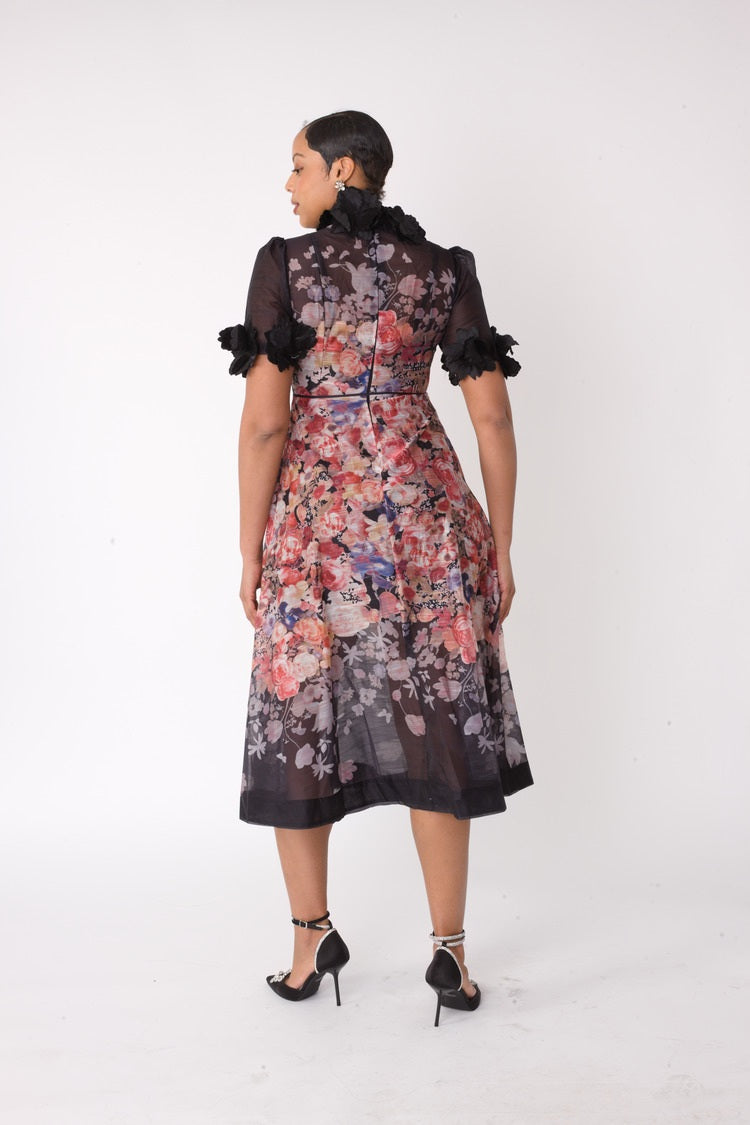 romantic midi dress Romantic Floral Midi Dress with Organza Details BLACK/MULTI / M